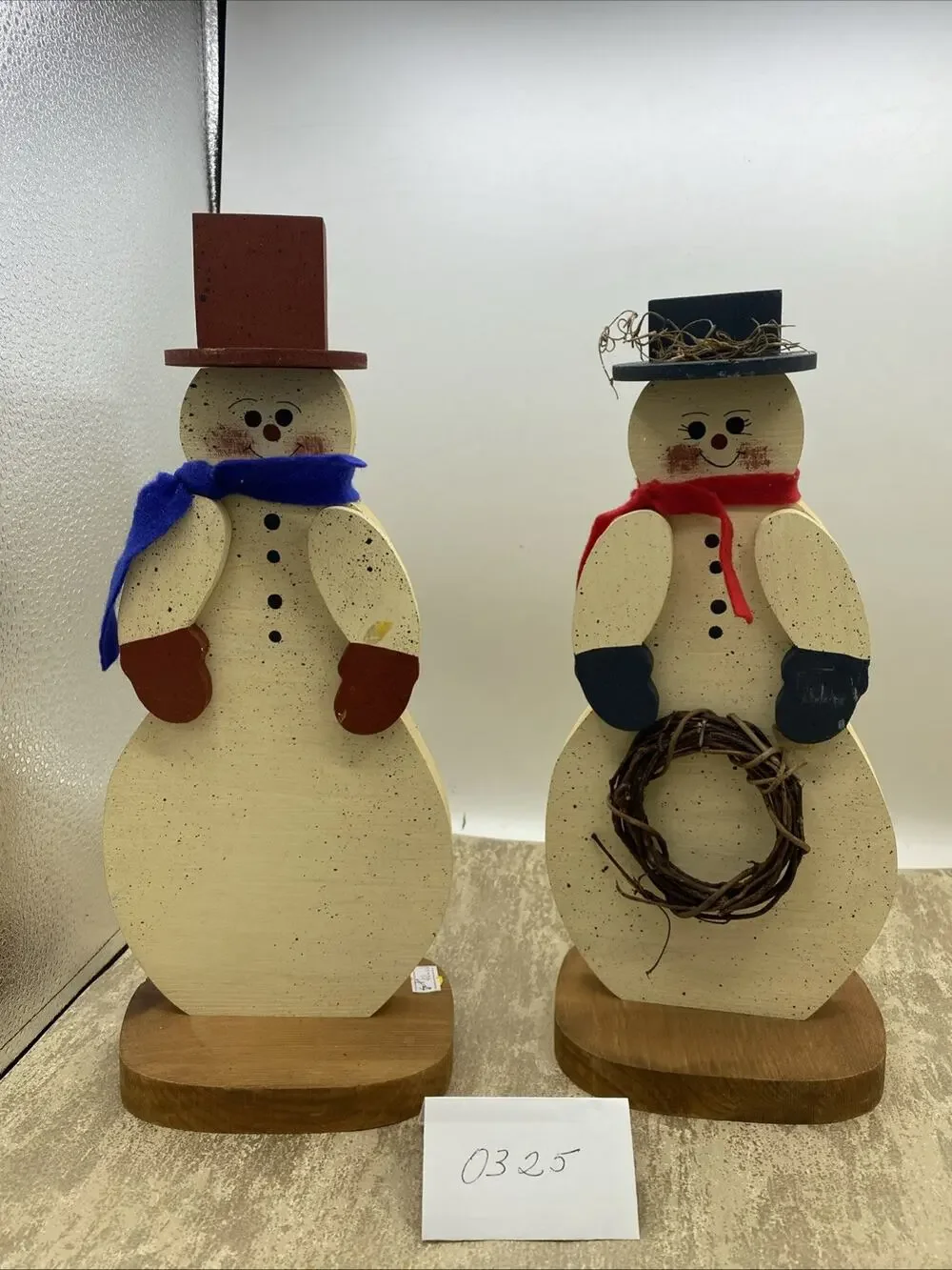 Mr & Mrs Snowman 13 Inches Tall Made Of Wood, Hand Painted